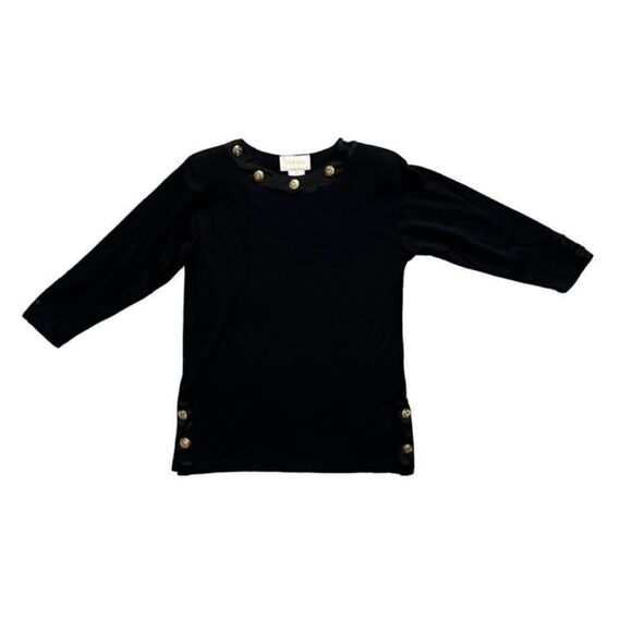 Ivana Vintage Black & Gold Button Detail 3/4 Sleeve Split Hem Blouse Sz Medium - Picture 7 of 10